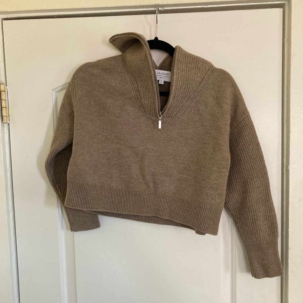 La Ligne Tan 100% Wool Funnel Neck Zip Cropped Sweater Size Small